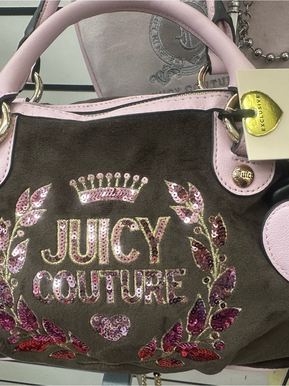 Juicy Couture Brown and Pink Sequin Logo Satchel with Gold Accents
